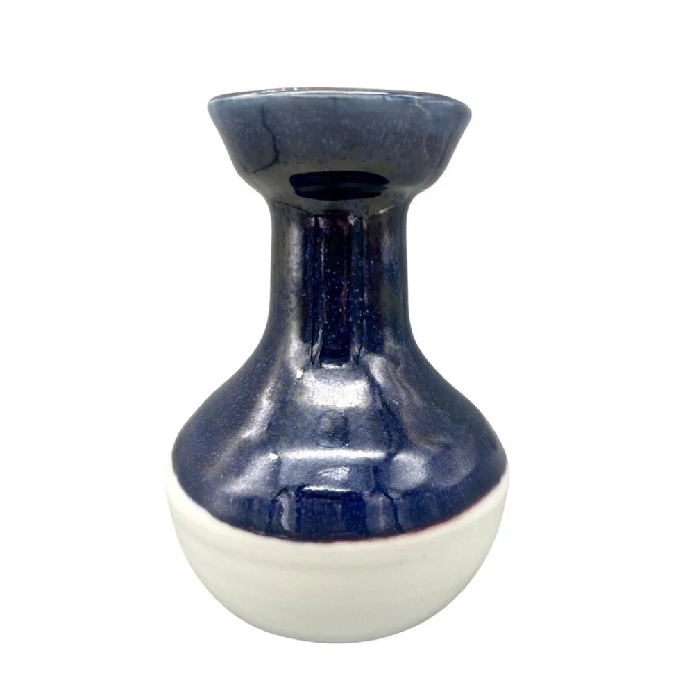 Art Studio Pottery Two-Tone Ceramic Vase In Blue & White Glaze 5.25"H Minimalist - Picture 3 of 9